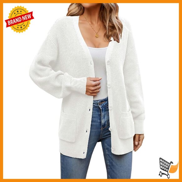 Oversized Cotton Cardigan Lantern Sleeves Pockets V-Neck Fall Sweater